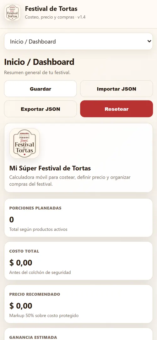 App de Costos: resumen con costo, precio recomendado y ganancia
