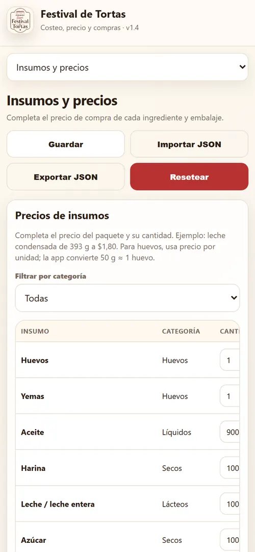 App de Costos: lista de insumos ya cargada
